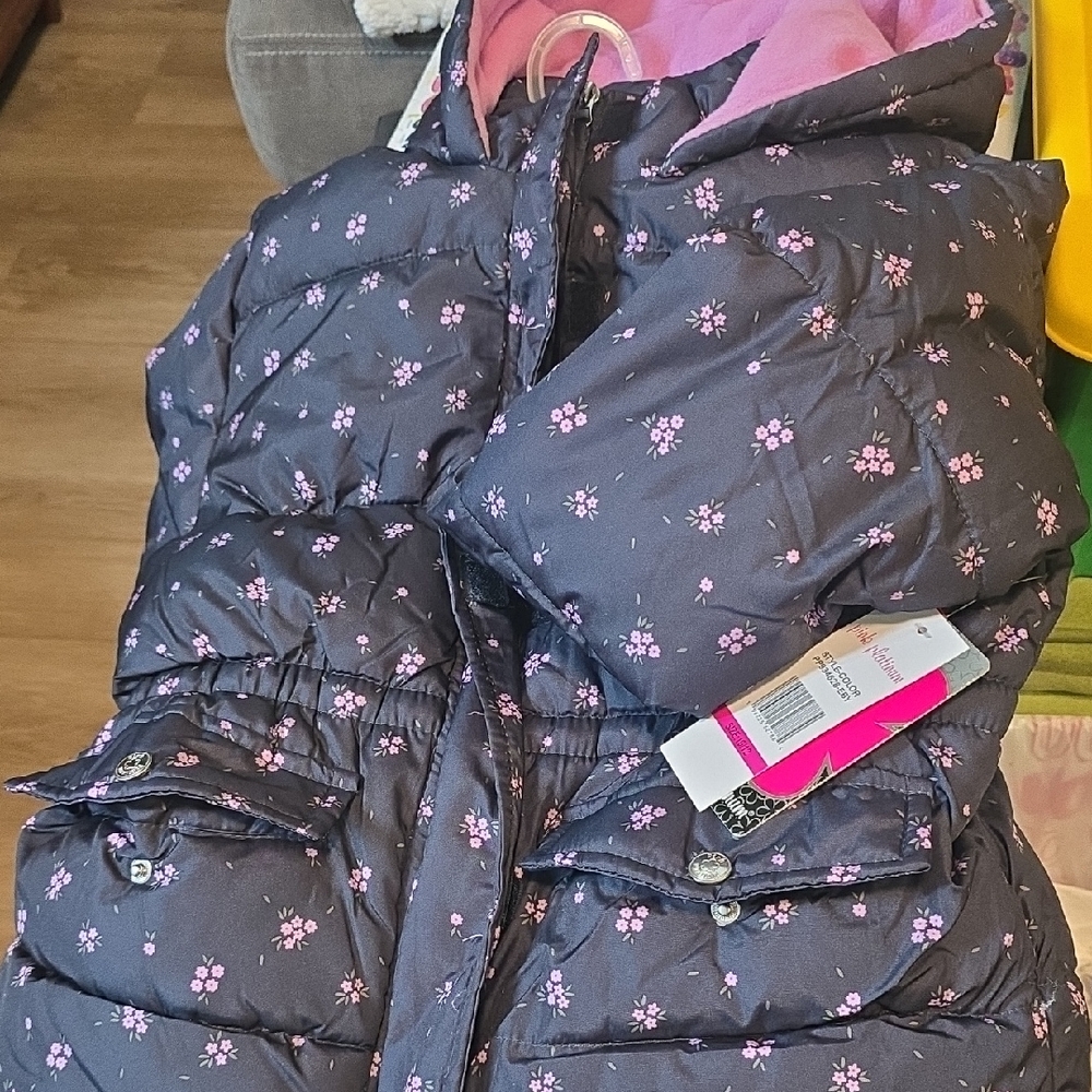 Pink Platinum Girls' Floral Puffer Jacket - Black and Pink